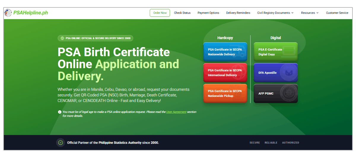 The homepage of PSAHelpline.ph featuring options for ordering hardcopy and digital PSA certificates online.